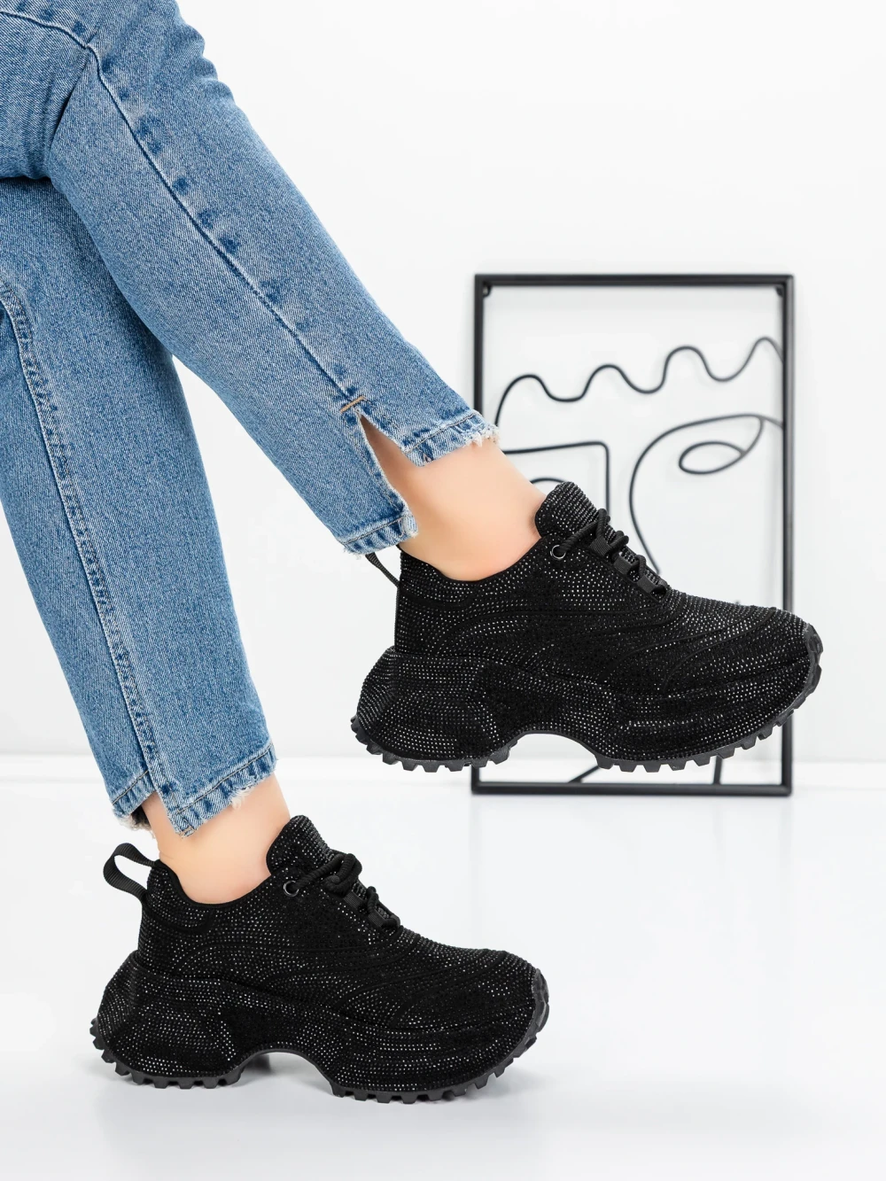 Pantofi Sport Dama cu Platforma 5WL93 Negru | Mei