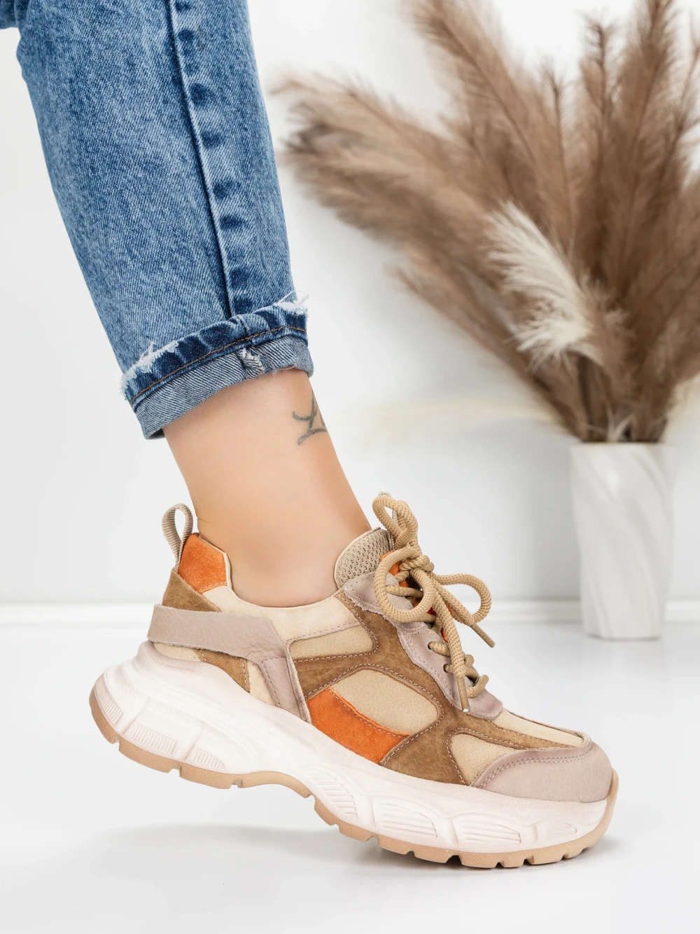 Pantofi Sport Dama din piele naturala HY3332 Kaki-Piersica | Advancer