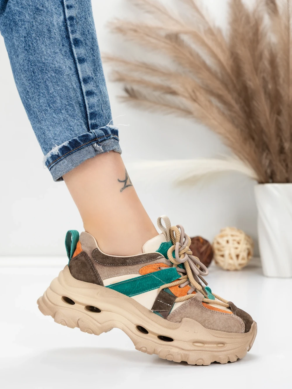 Pantofi Sport Dama din piele naturala HY2986 Crem-Verde | Franco Gerardo