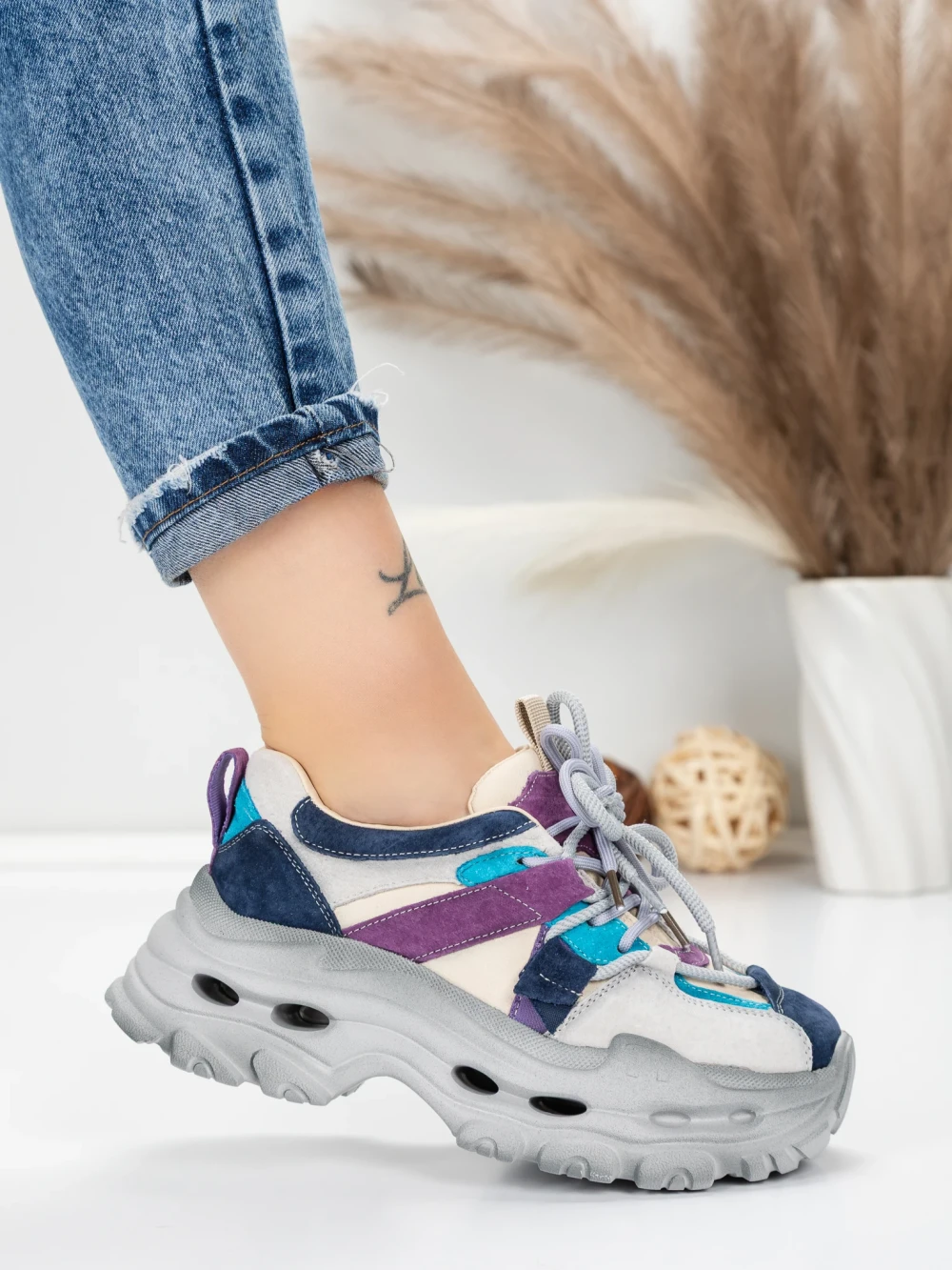 Pantofi Sport Dama din piele naturala HY2986 Crem-Mov | Franco Gerardo