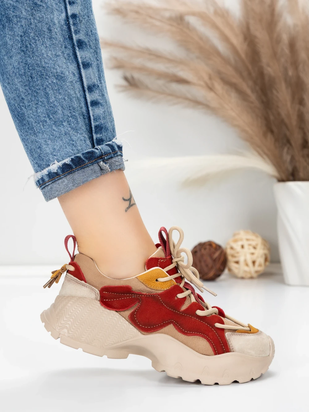 Pantofi Sport Dama din piele naturala 7110 Rosu-Crem | Franco Gerardo