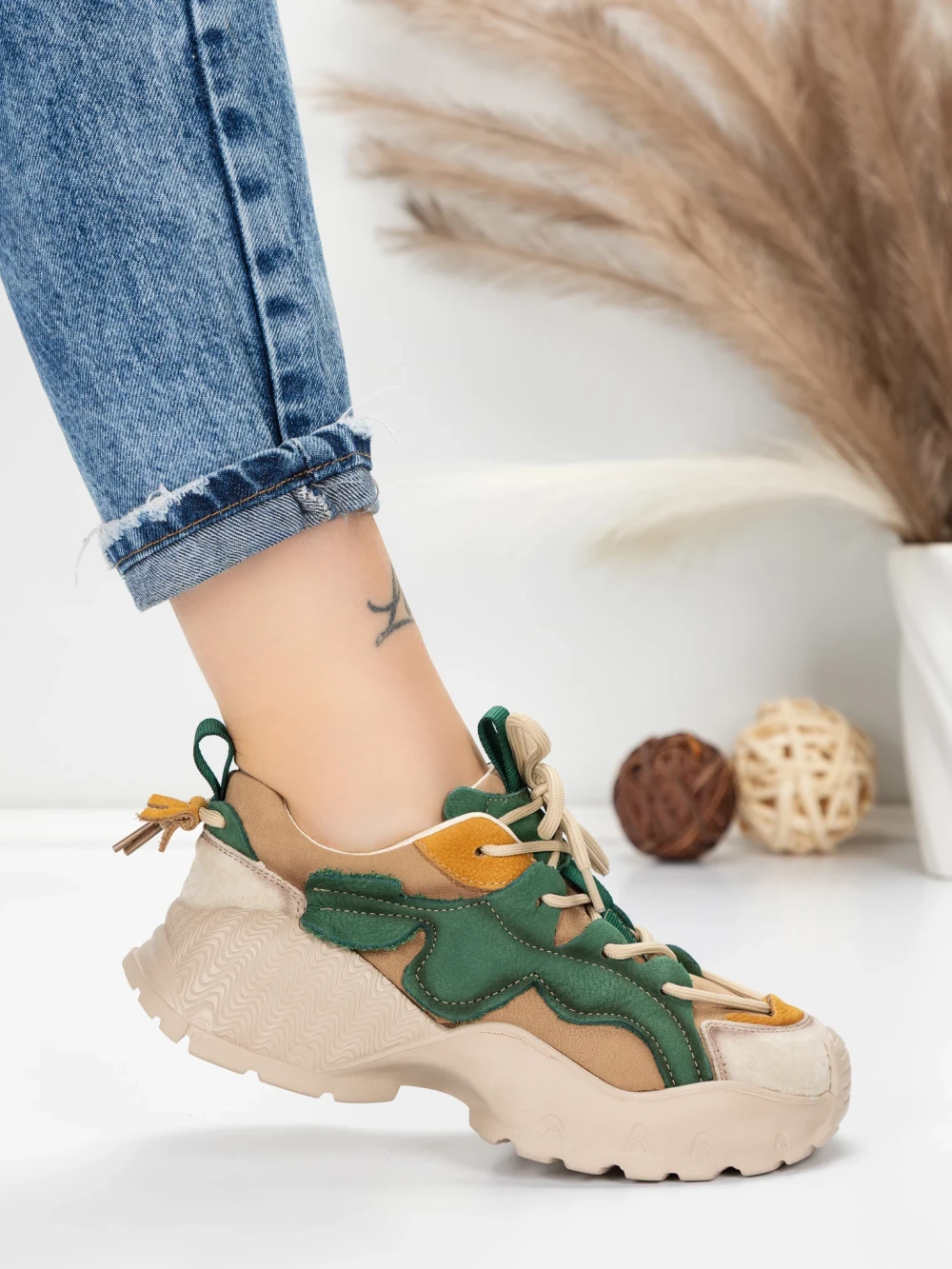 Pantofi Sport Dama din piele naturala 7110 Verde-Crem | Franco Gerardo