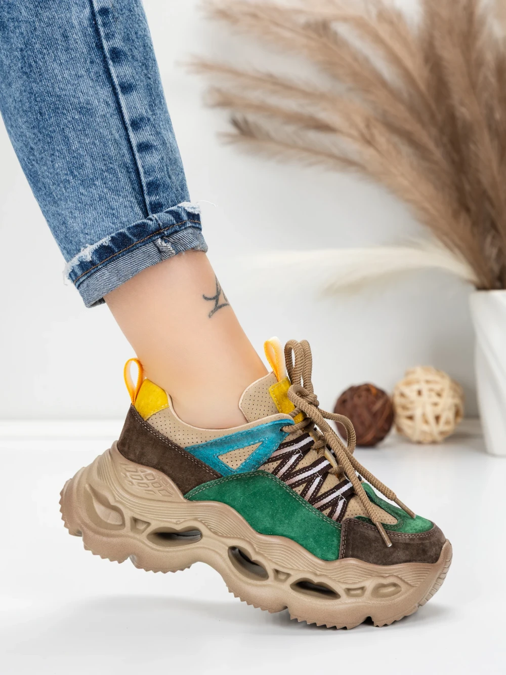 Meimall.ro Pantofi Sport Dama din piele naturala HY6383 Verde-Galben | Franco Gerardo