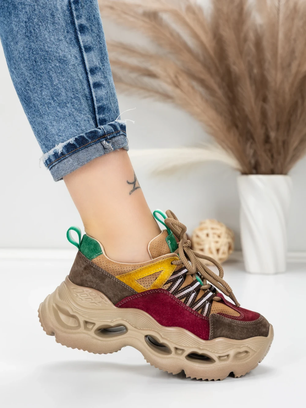 Meimall.ro Pantofi Sport Dama din piele naturala HY6383 Visiniu-Verde | Franco Gerardo