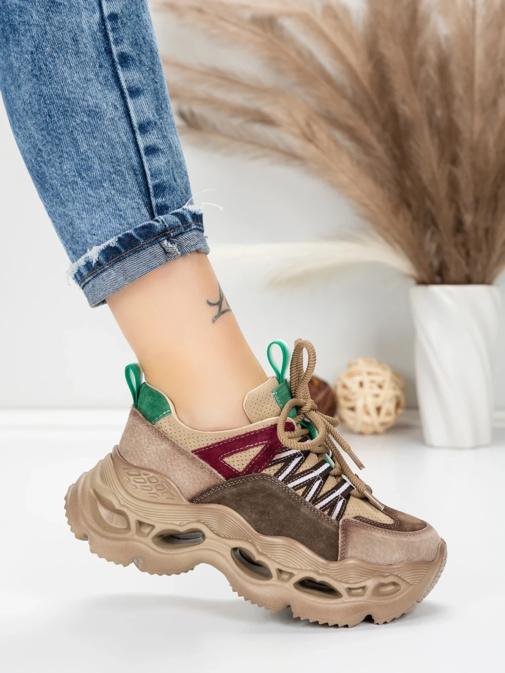 Meimall.ro Pantofi Sport Dama din piele naturala HY6383 Maro-Verde | Franco Gerardo