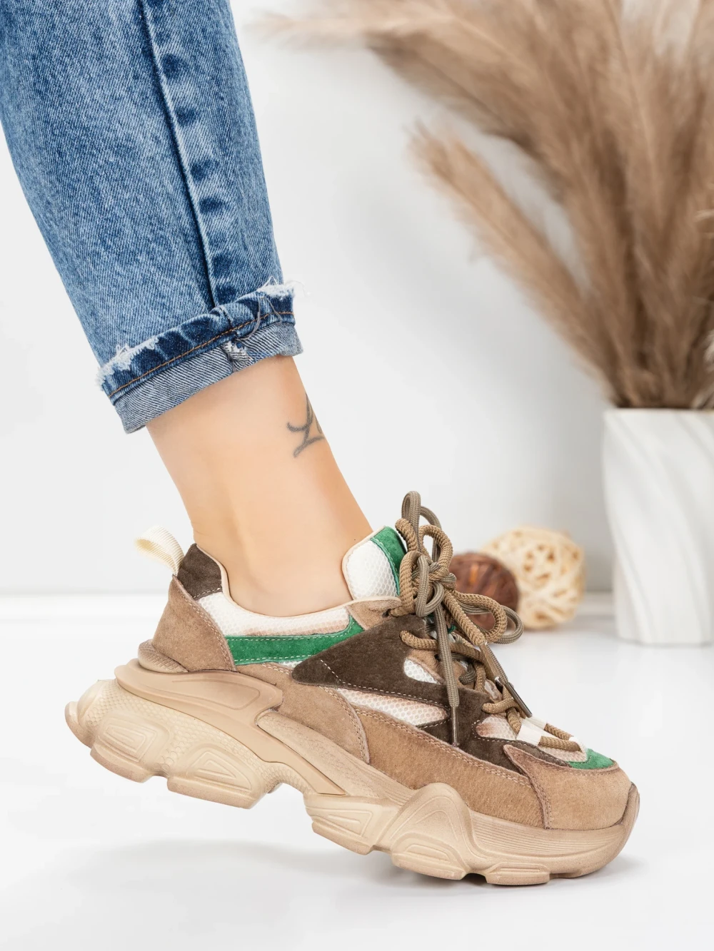 Meimall.ro Pantofi Sport Dama din piele naturala HY5798 Maro-Verde | Franco Gerardo