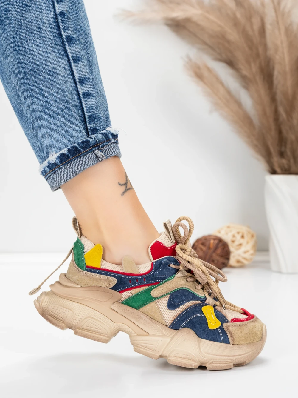 Pantofi Sport Dama din piele naturala HY5782 Crem-Rosu | Franco Gerardo