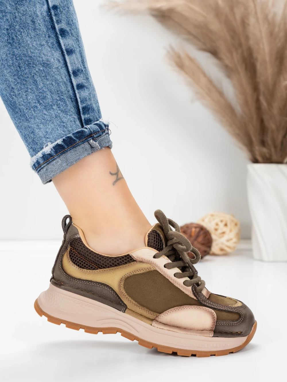 Meimall.ro Pantofi Sport Dama din piele naturala 10018 Kaki | Franco Gerardo