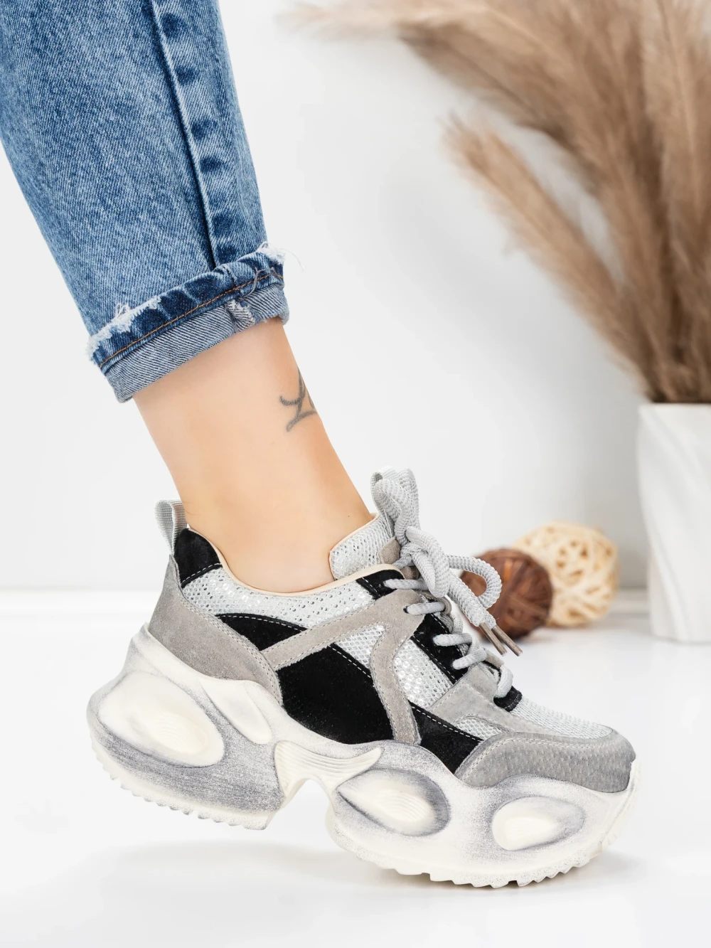 Meimall.ro Pantofi Sport Dama din piele naturala HY8985 Negru-Gri | Franco Gerardo