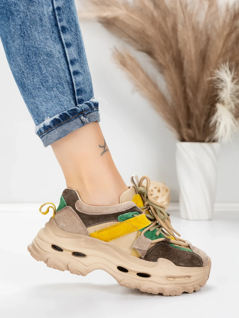 Meimall.ro Pantofi Sport Dama din piele naturala HY2986 Piersica-Galben | Franco Gerardo