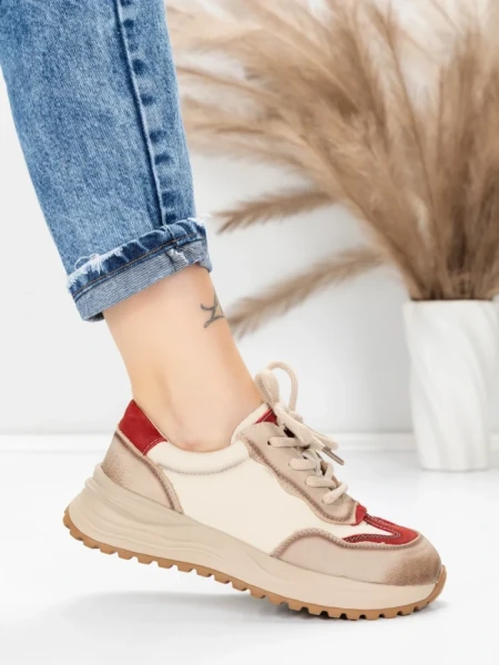 Pantofi Sport Dama din piele naturala 572305 CREAM-RED | FRANCO GERARDO
