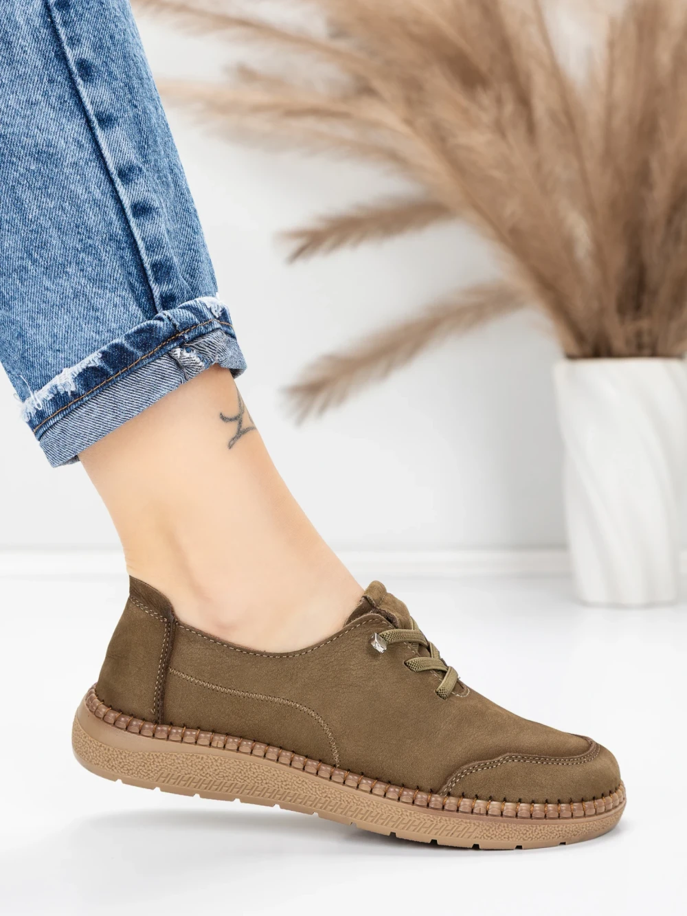 Pantofi Casual Dama din piele naturala 8736 Kaki | Formazione