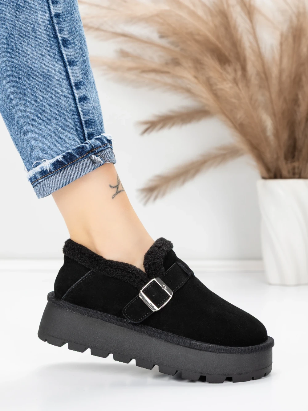 Pantoful Ghete Dama din piele naturala 5W91 Negru | Pantoful