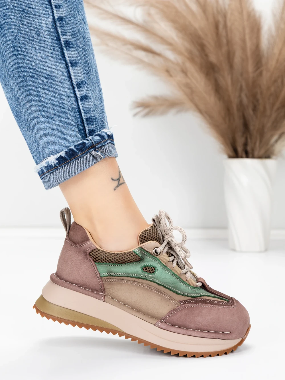 Pantofi Sport Dama din piele naturala 2625 Cafea-Crem | Advancer